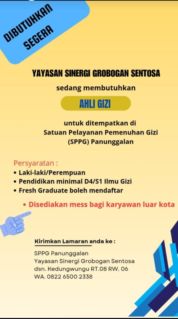 Lowongan Kerja Ahli Gizi – Yayasan Sinergi Grobogan Sentosa